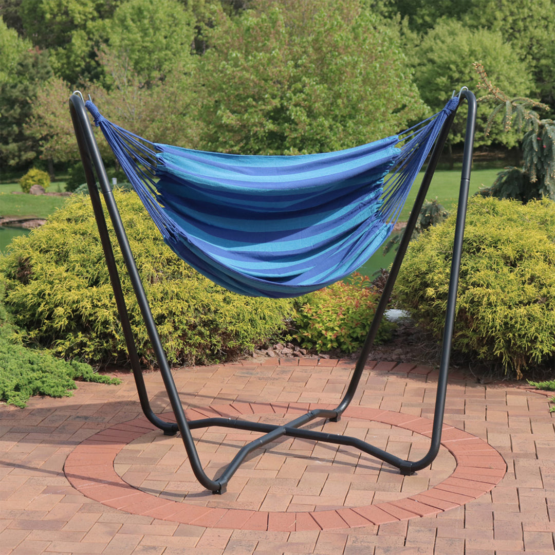 Sunnydaze Cotton Hammock Chair with Space Saving Steel Stand - Beach Oasis Image 2