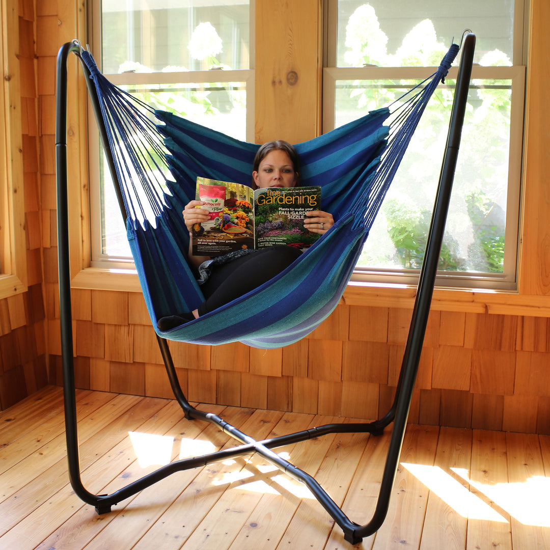 Sunnydaze Cotton Hammock Chair with Space Saving Steel Stand - Beach Oasis Image 7