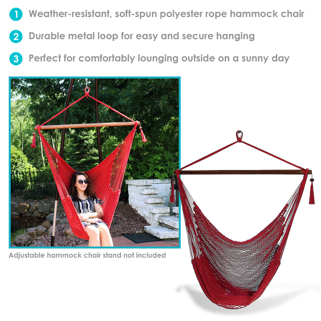 Sunnydaze Extra Large Polyester Rope Hammock Chair and Spreader Bar - Red Image 3