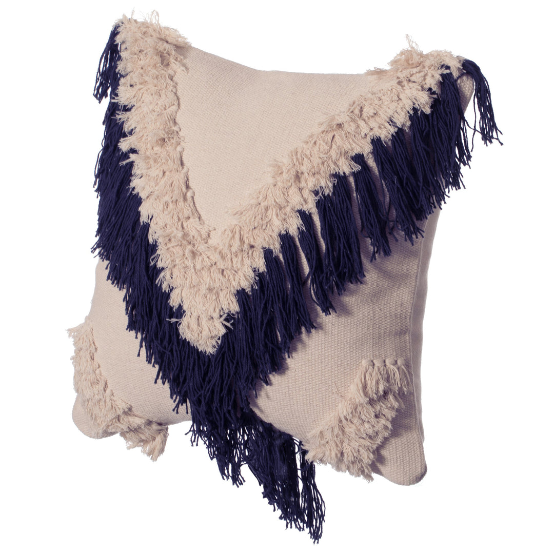 16" Handwoven Cotton Throw Pillow Cover with Embossed and Fringed Crossed line Image 1