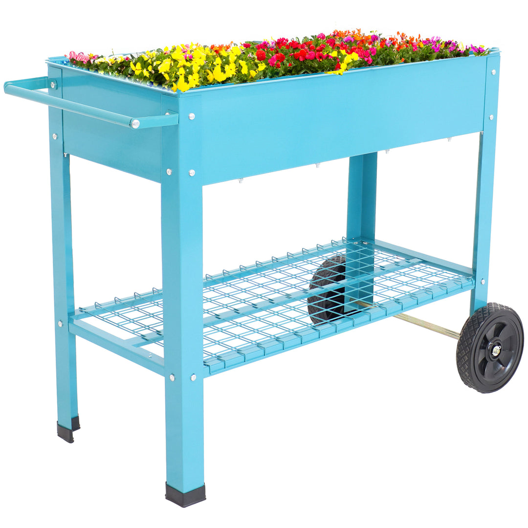 Sunnydaze 43 in Galvanized Steel Mobile Raised Garden Bed Cart - Blue Image 11