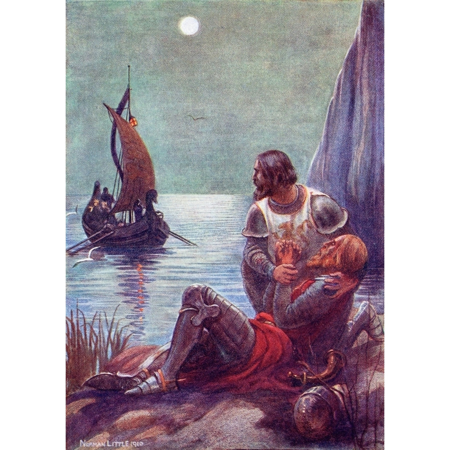 The Death of King Arthur.  Coloured illustration from the book The Gateway to Tennyson published 1910. Poster Print by H Image 1