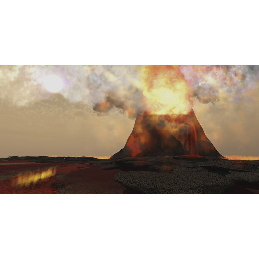 Red hot lava rolls out of the mouth of an erupting volcano Poster Print Image 1