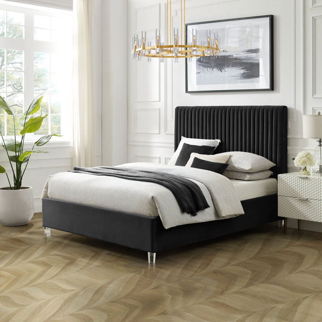 Alyah Bed - upholstered, deep channel tufted design,acrylic legs,slats included,no box spring needed Image 1