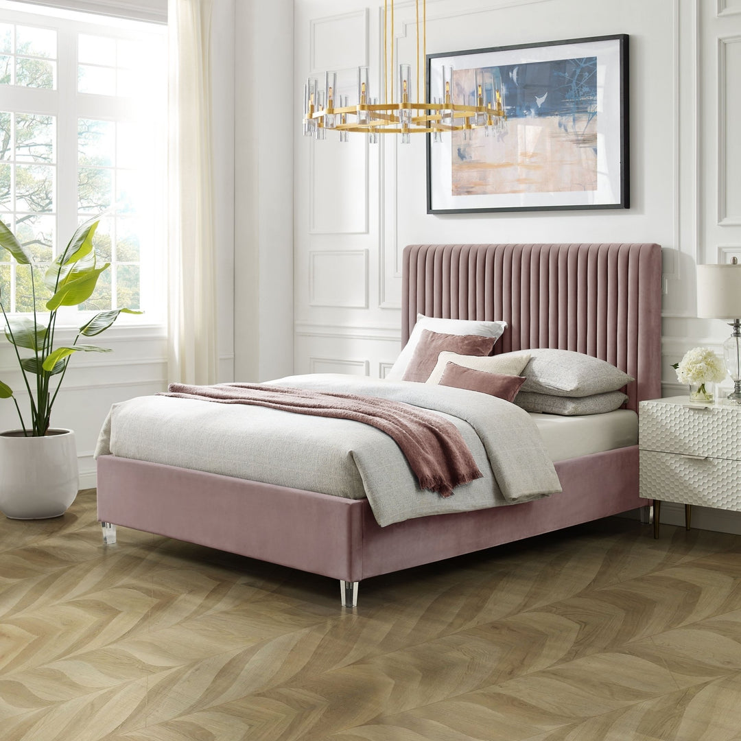 Alyah Bed - upholstered, deep channel tufted design,acrylic legs,slats included,no box spring needed Image 1