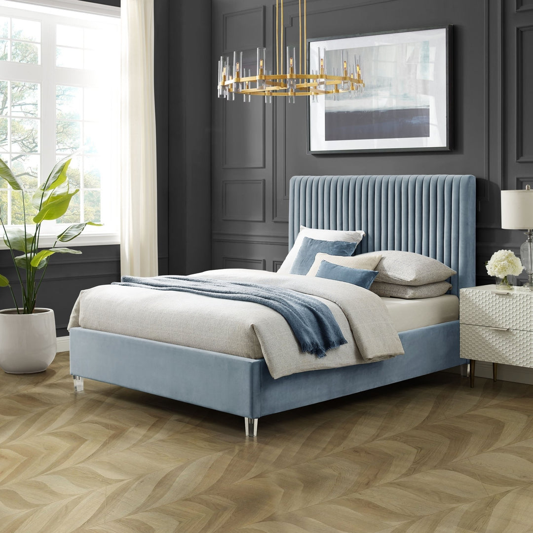 Alyah Bed - upholstered, deep channel tufted design,acrylic legs,slats included,no box spring needed Image 4