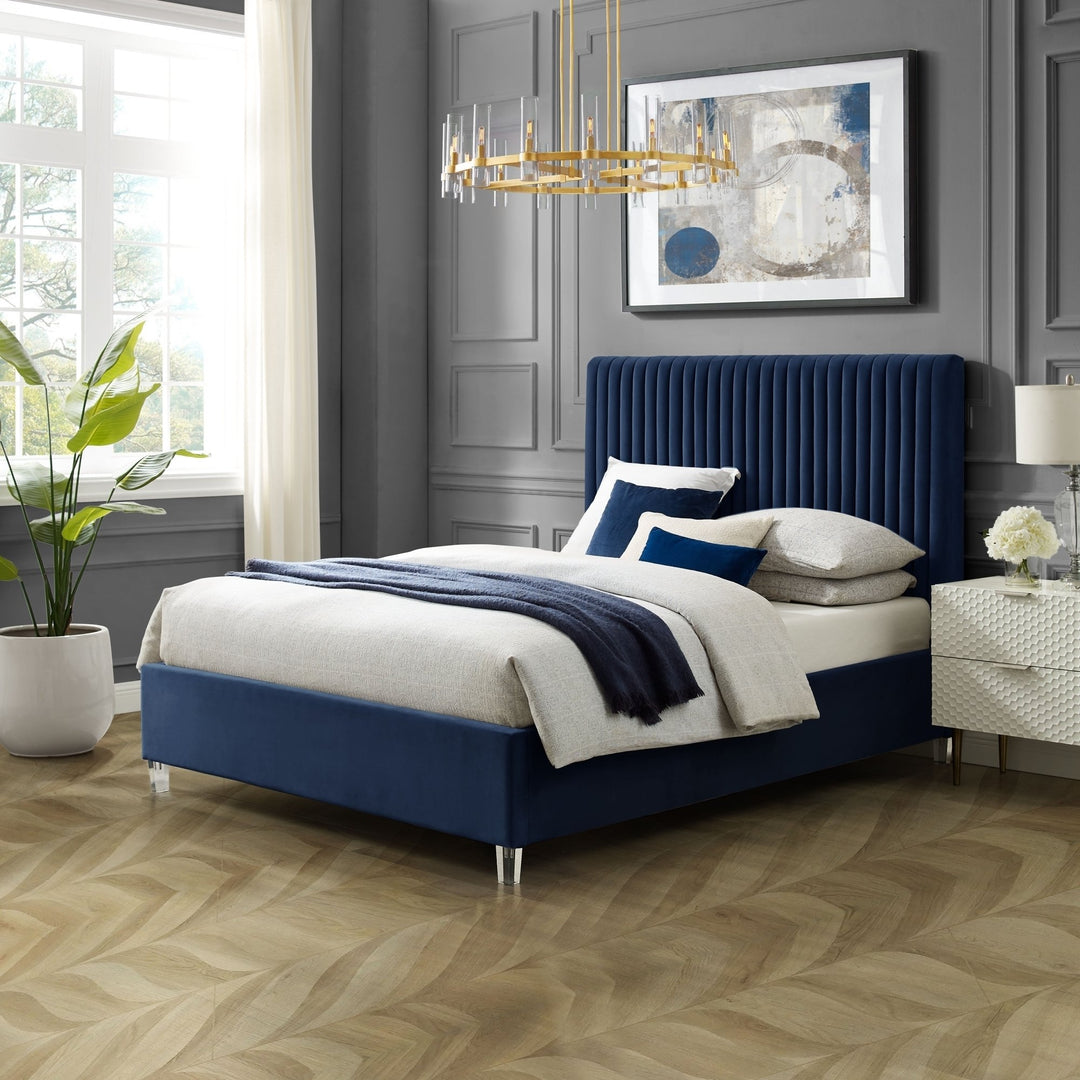 Alyah Bed - upholstered, deep channel tufted design,acrylic legs,slats included,no box spring needed Image 5