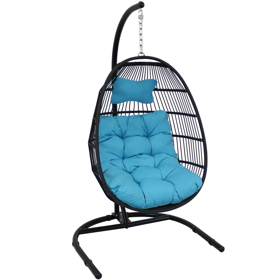 Sunnydaze Resin Wicker Hanging Egg Chair with Steel Stand/Cushions - Blue Image 1