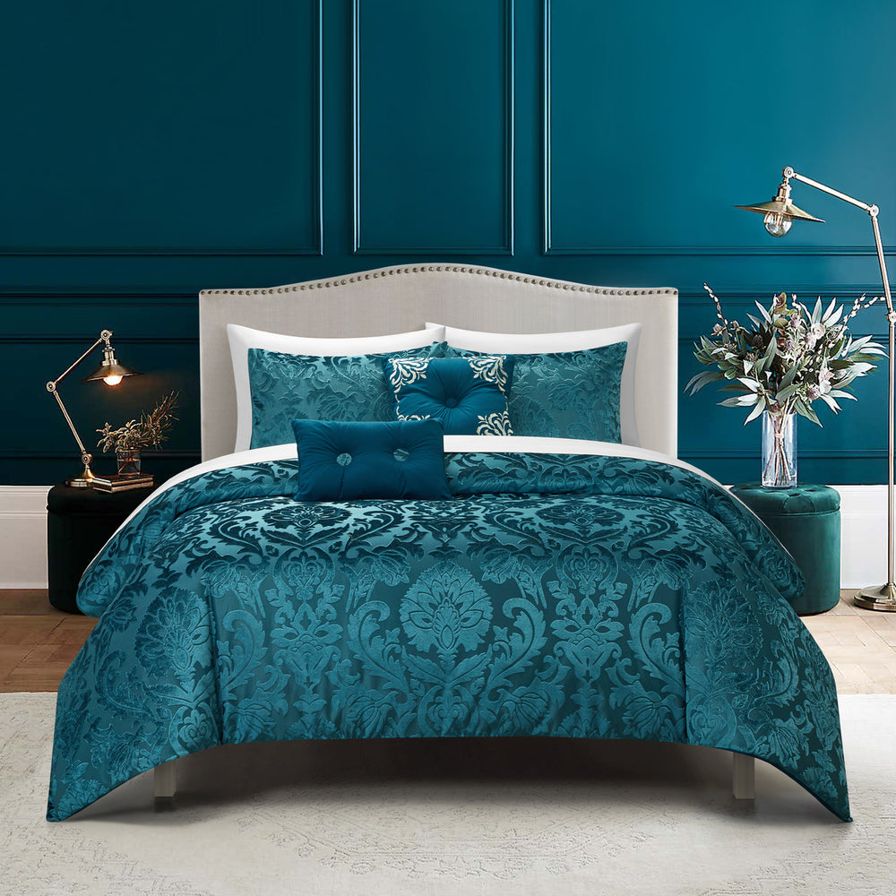 Athalee 5 Piece Jacquard Comforter Set Burnout Velvet Damask Floral Design Image 2
