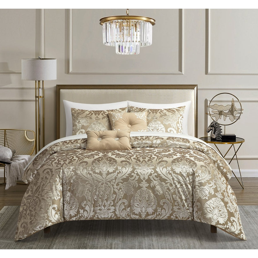 Athalee 5 Piece Jacquard Comforter Set Burnout Velvet Damask Floral Design Image 1
