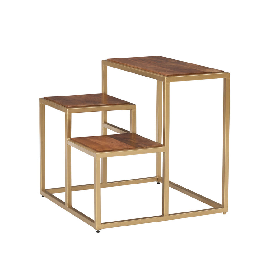 Carlo Natural Wood/Iron Three-Tiered Plant Stand Side Table Image 1