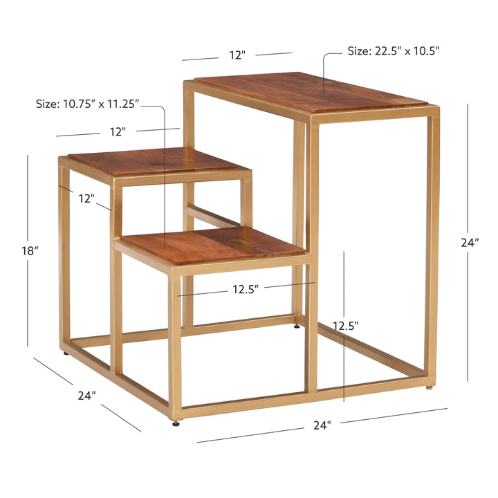 Carlo Natural Wood/Iron Three-Tiered Plant Stand Side Table Image 3