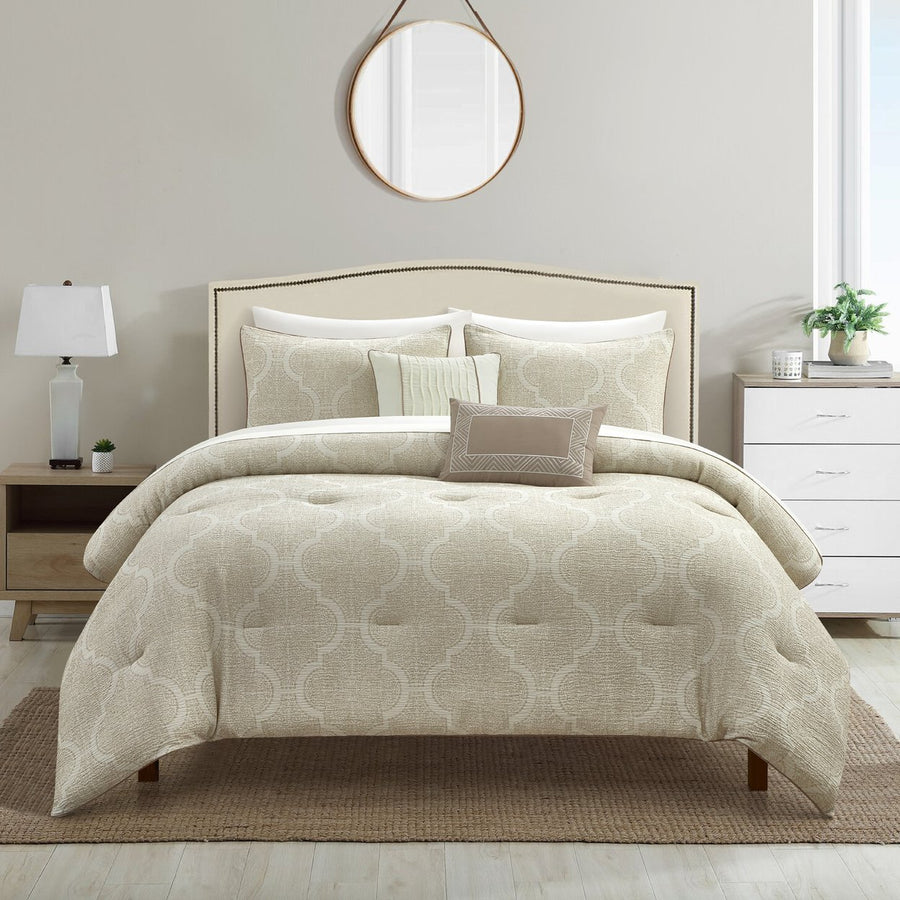 Kenlee 5 Piece Comforter Set Double Layered Gauze Jacquard Geometric Pattern Bedding Image 1