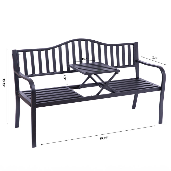 Outdoor Powder Coated Steel Park Bench, Garden Bench with Pop Up Middle Table, Lawn Decor Seating Bench for Yard, Patio, Image 9