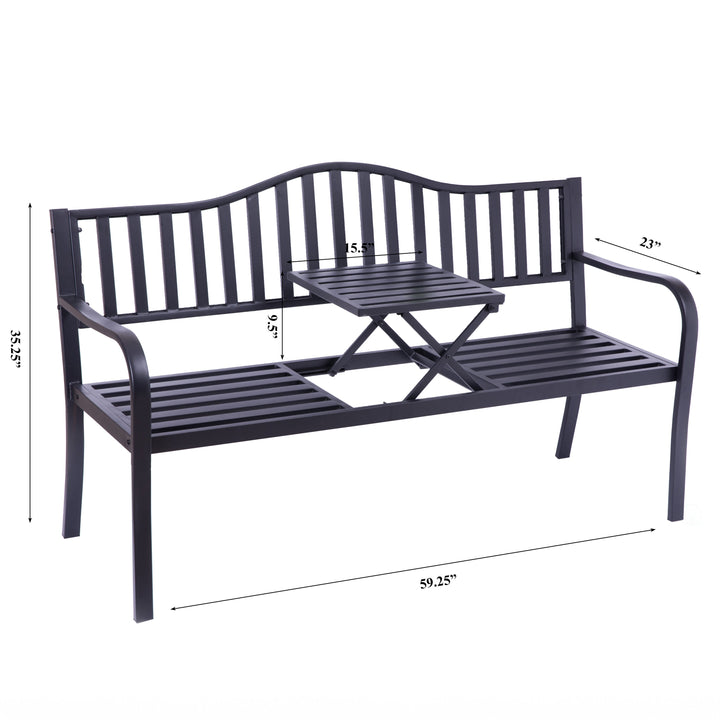 Outdoor Powder Coated Steel Park Bench, Garden Bench with Pop Up Middle Table, Lawn Decor Seating Bench for Yard, Patio, Image 10