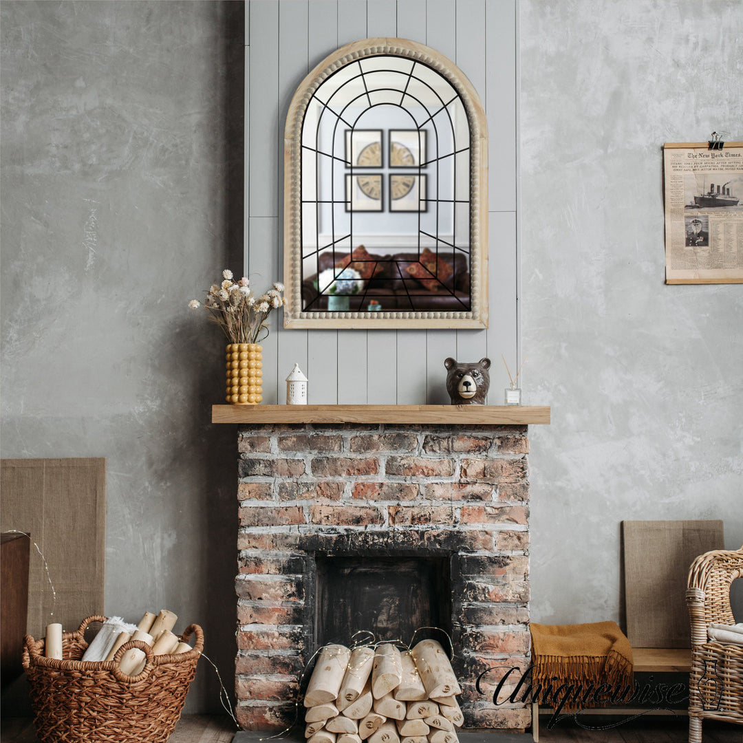 Arched Large 39.37 x 27.56 in Rustic Window Metal Mirror, Windowpane Shaped Decoration Farmhouse Big Wall Mounted Image 7
