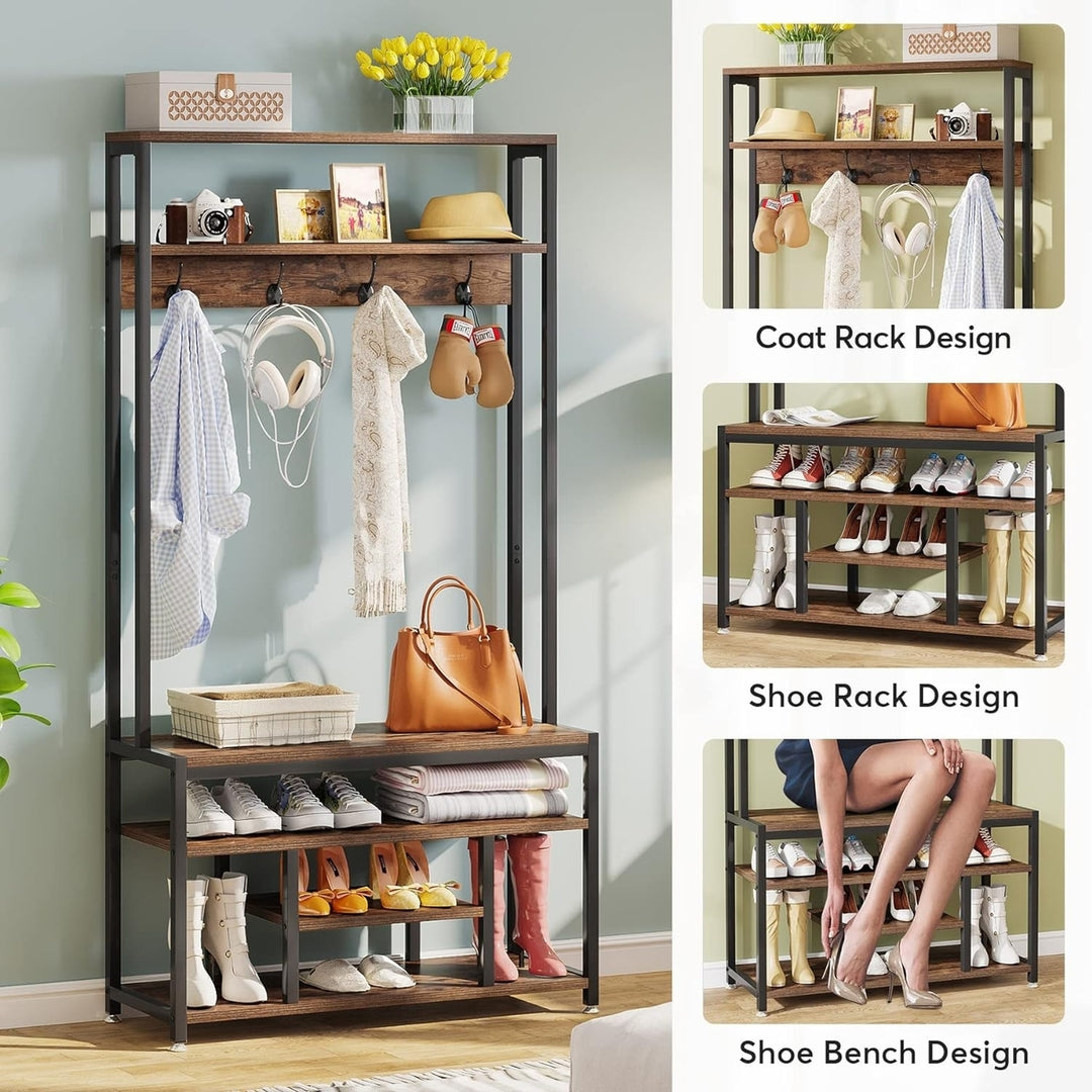Tribesigns 4-in-1 Clothing Rack, Entryway Bench with Coat Rack for Entryway Hallway, Rustic Brown Image 5