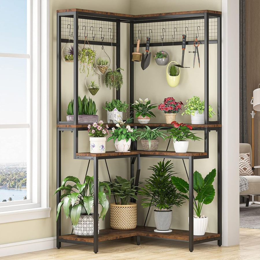 Tribesigns 66.93" Corner Plant Stand, Indoor L-Shaped Plant Holder Shelf with Hanging Hooks, Rustic Brown and Black Image 1