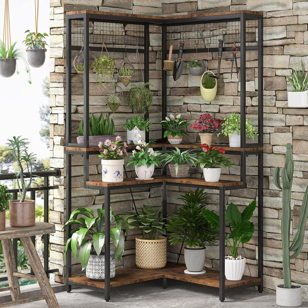 Tribesigns 66.93" Corner Plant Stand, Indoor L-Shaped Plant Holder Shelf with Hanging Hooks, Rustic Brown and Black Image 2