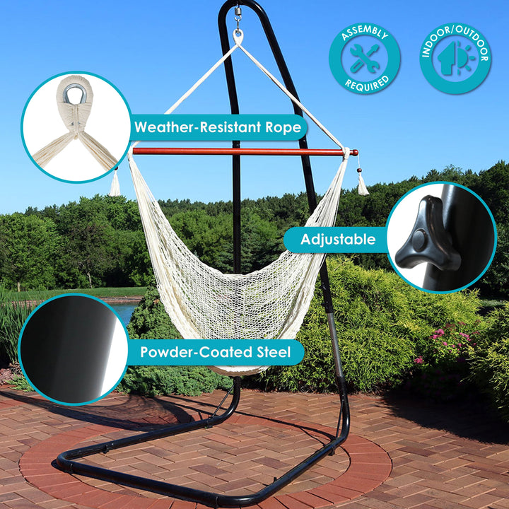 Sunnydaze Extra Large Rope Hammock Chair with Adjustable Stand - Cream Image 4