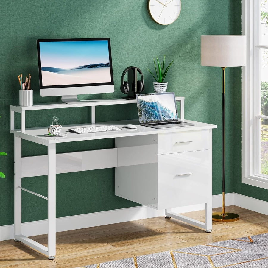 Tribesigns Modern Computer Desk, 47" Writing Desk Workstation with Two Drawers, White Image 1