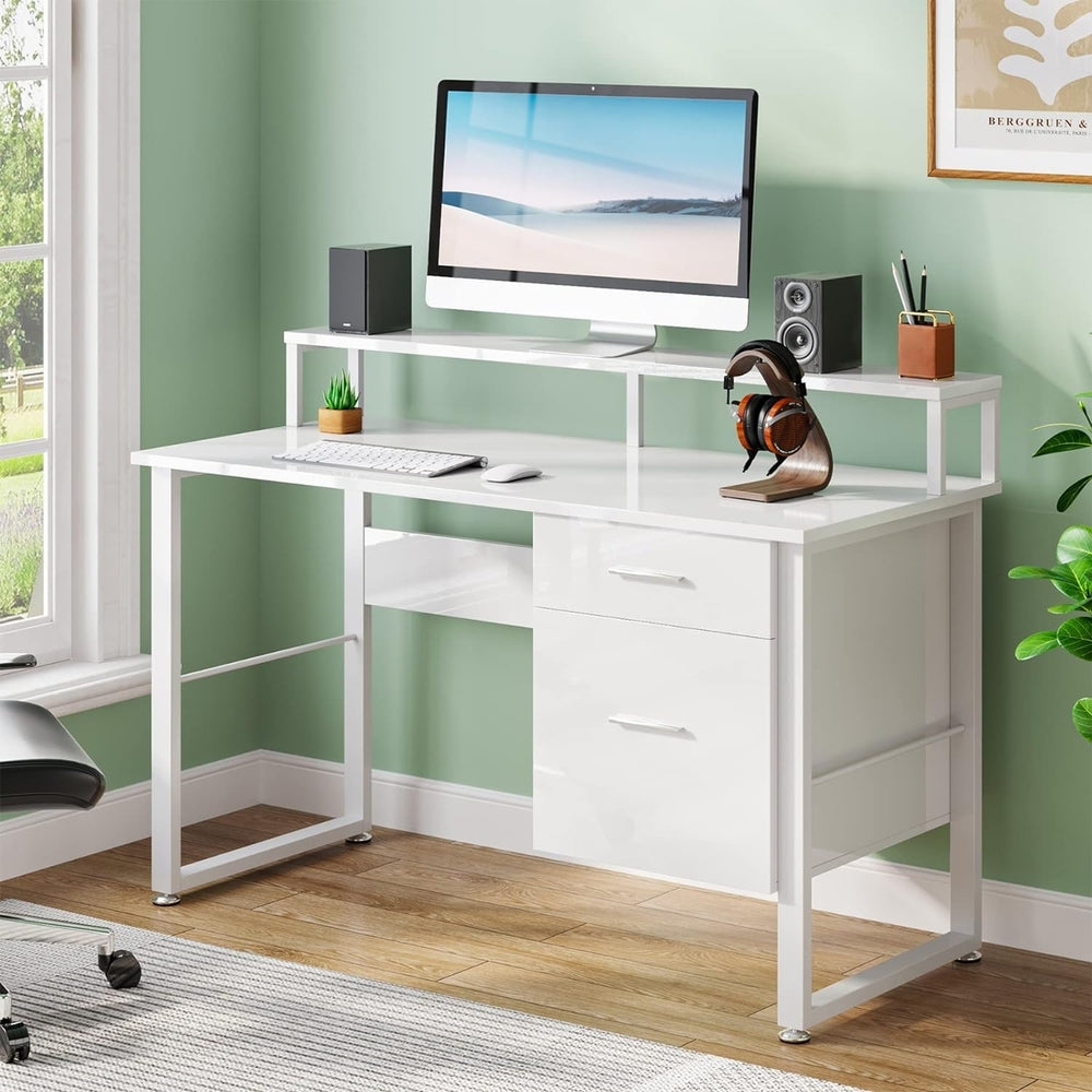 Tribesigns Modern Computer Desk, 47" Writing Desk Workstation with Two Drawers, White Image 2