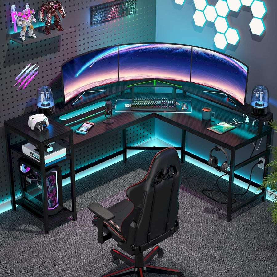 Tribesigns L-Shaped Gaming Desk with Power Outlets, LED Light Computer Desk with Storage Shelf Image 1