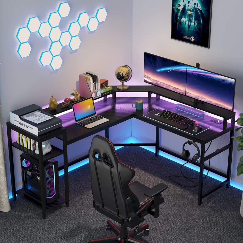 Tribesigns L-Shaped Gaming Desk with Power Outlets, LED Light Computer Desk with Storage Shelf Image 2