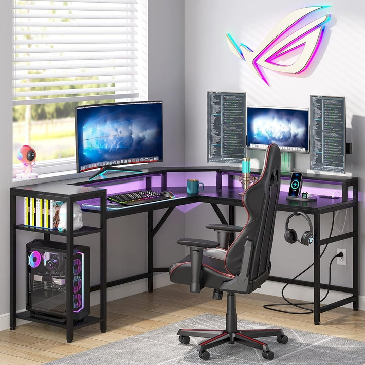 Tribesigns L-Shaped Gaming Desk with Power Outlets, LED Light Computer Desk with Storage Shelf Image 3