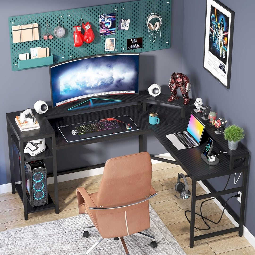 Tribesigns L-Shaped Gaming Desk with Power Outlets, LED Light Computer Desk with Storage Shelf Image 4