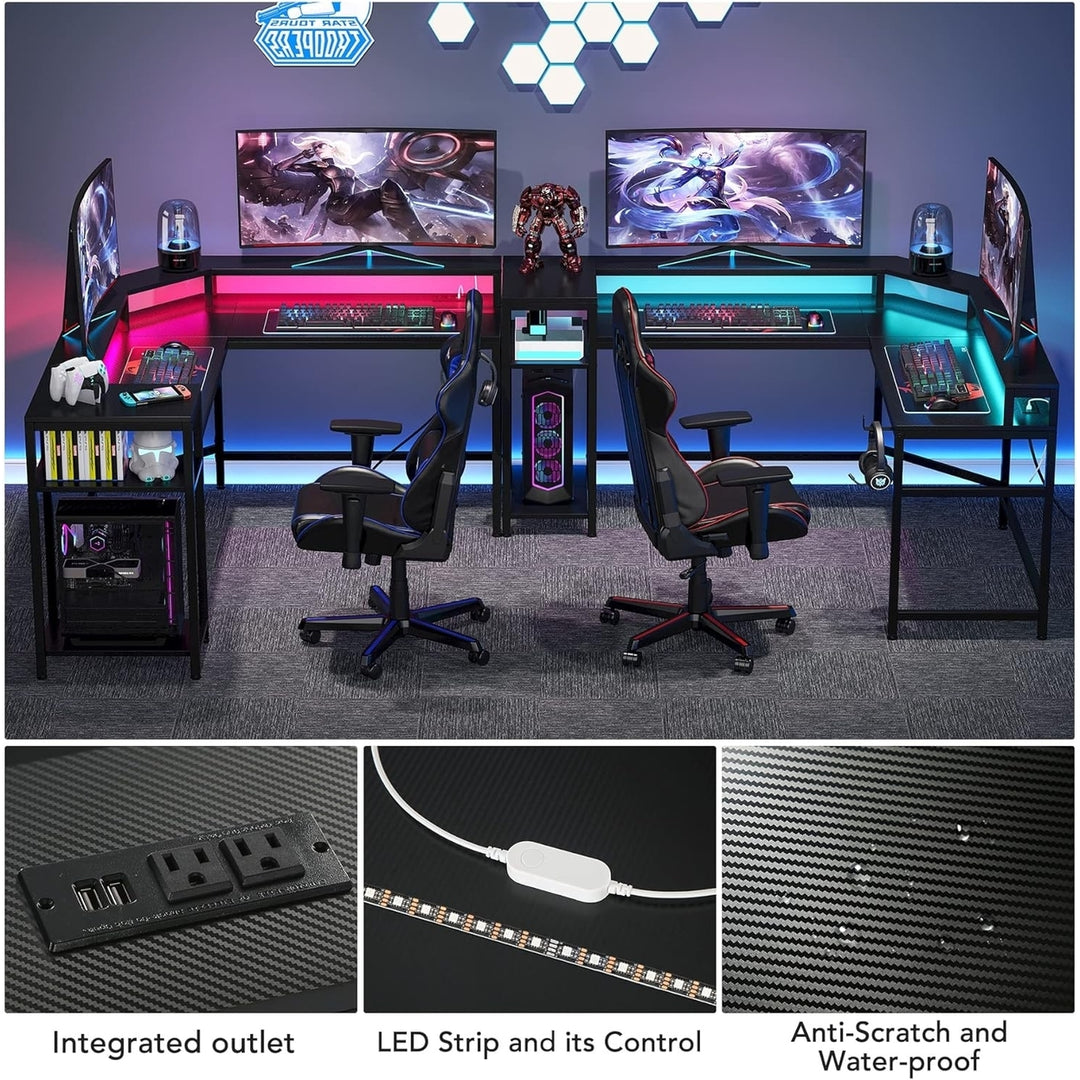 Tribesigns L-Shaped Gaming Desk with Power Outlets, LED Light Computer Desk with Storage Shelf Image 5