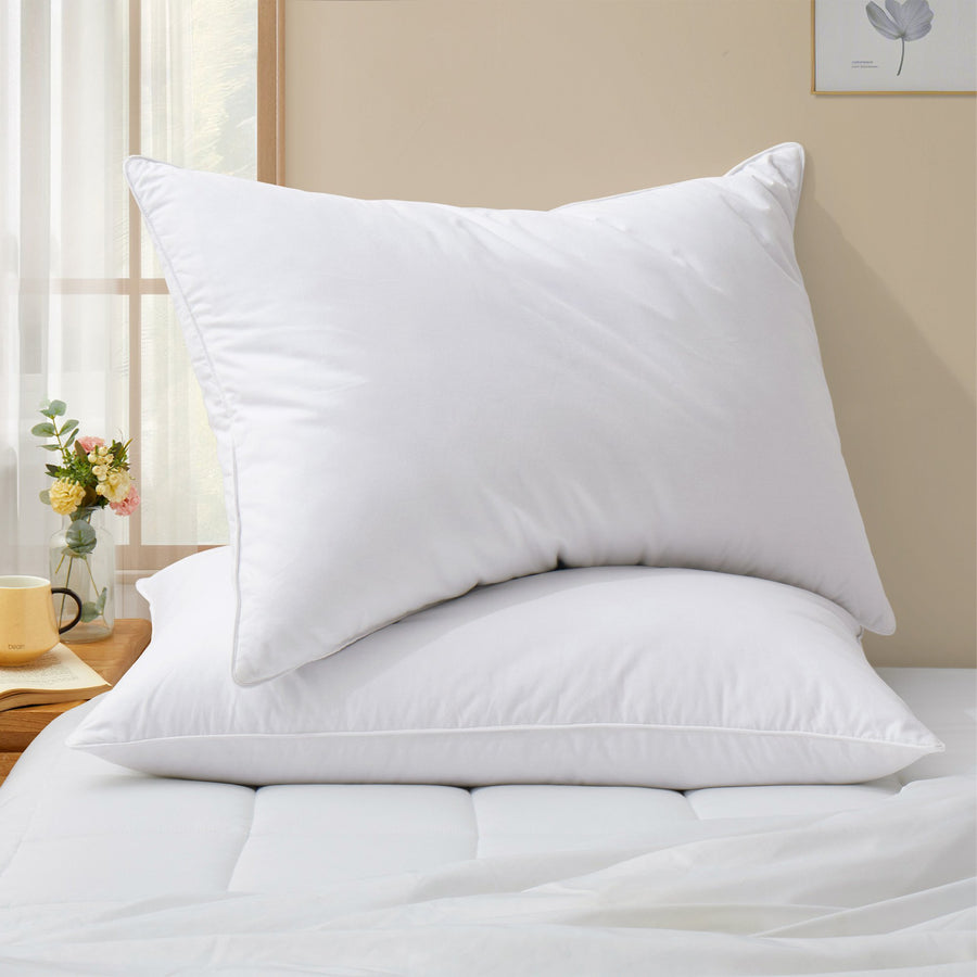 2 Pack White Goose Feather Bed Pillows with Breathable Cotton Cover Medium Firm Soft Support Pillow Image 1