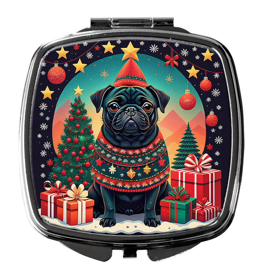 Black Pug Christmas Compact Mirror Image 1