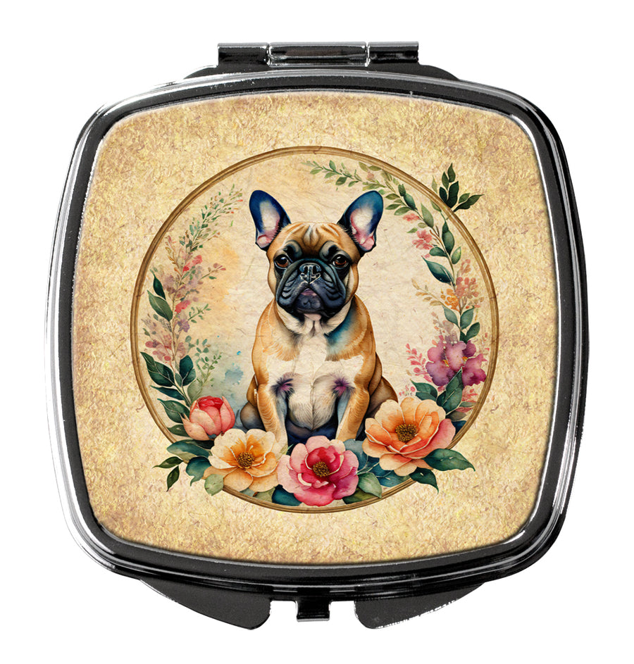 Fawn French Bulldog and Flowers Compact Mirror Image 1