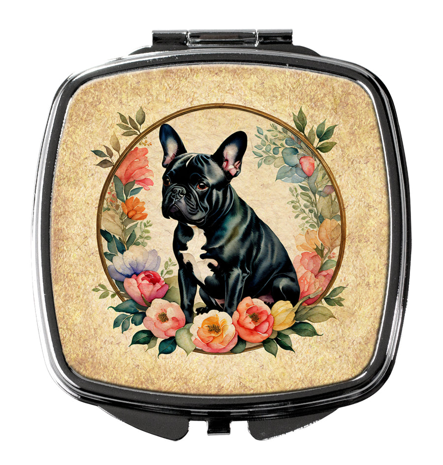 Black French Bulldog and Flowers Compact Mirror Image 1