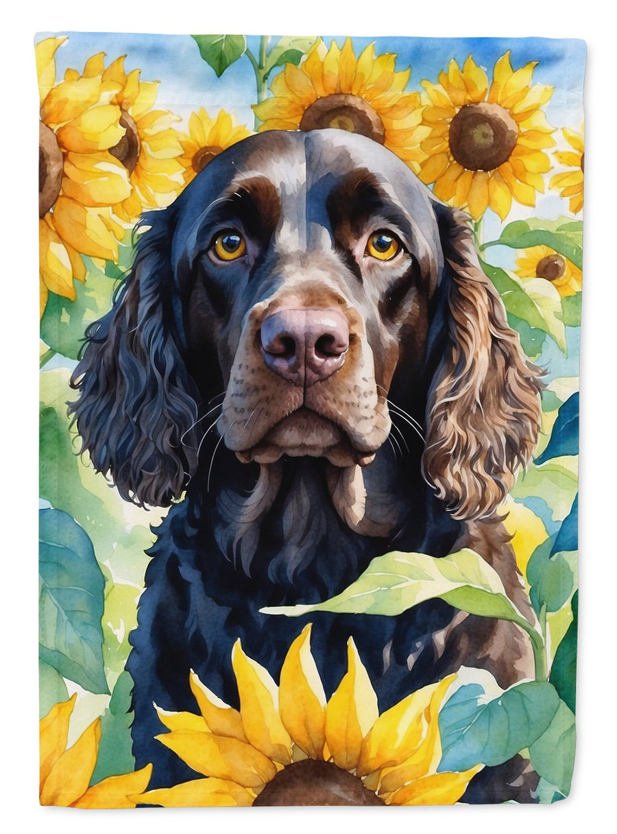 American Water Spaniel in Sunflowers House Flag Image 1