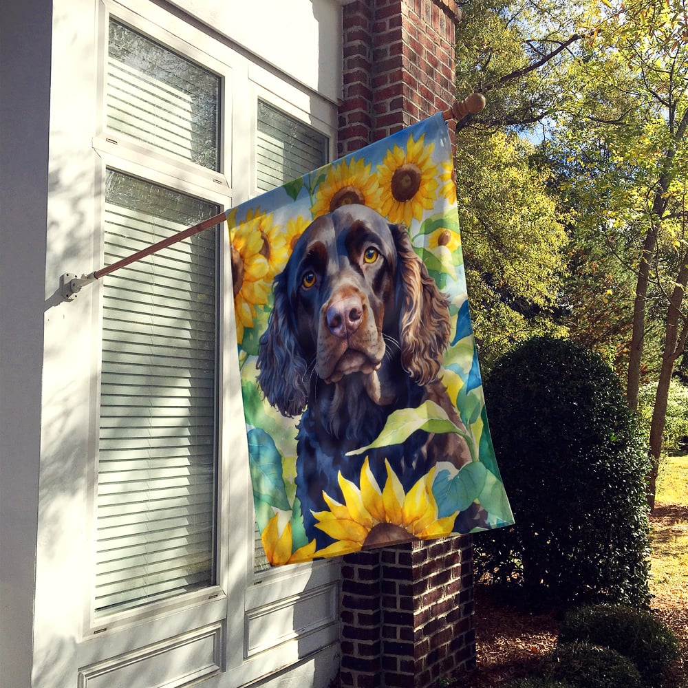 American Water Spaniel in Sunflowers House Flag Image 2