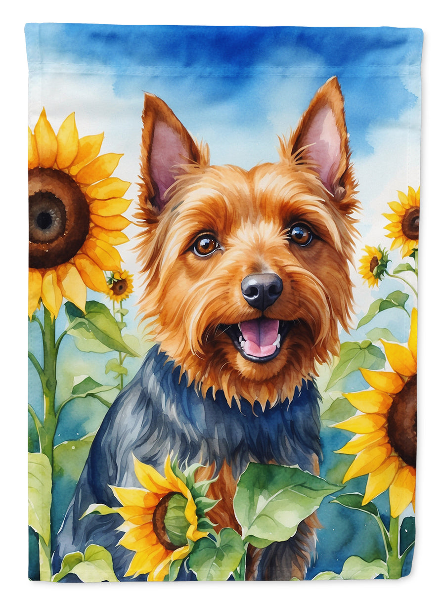 Australian Terrier in Sunflowers House Flag Image 1