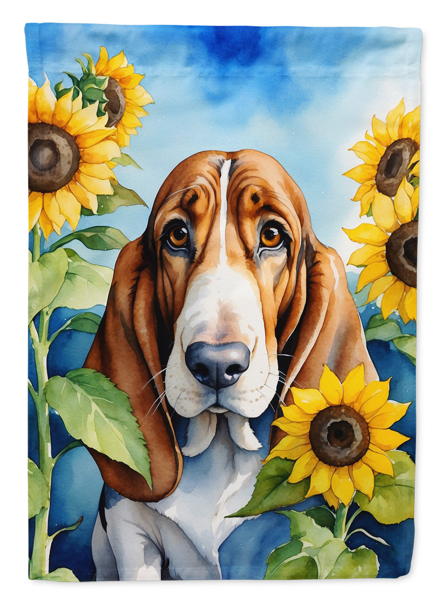 Basset Hound in Sunflowers House Flag Image 1