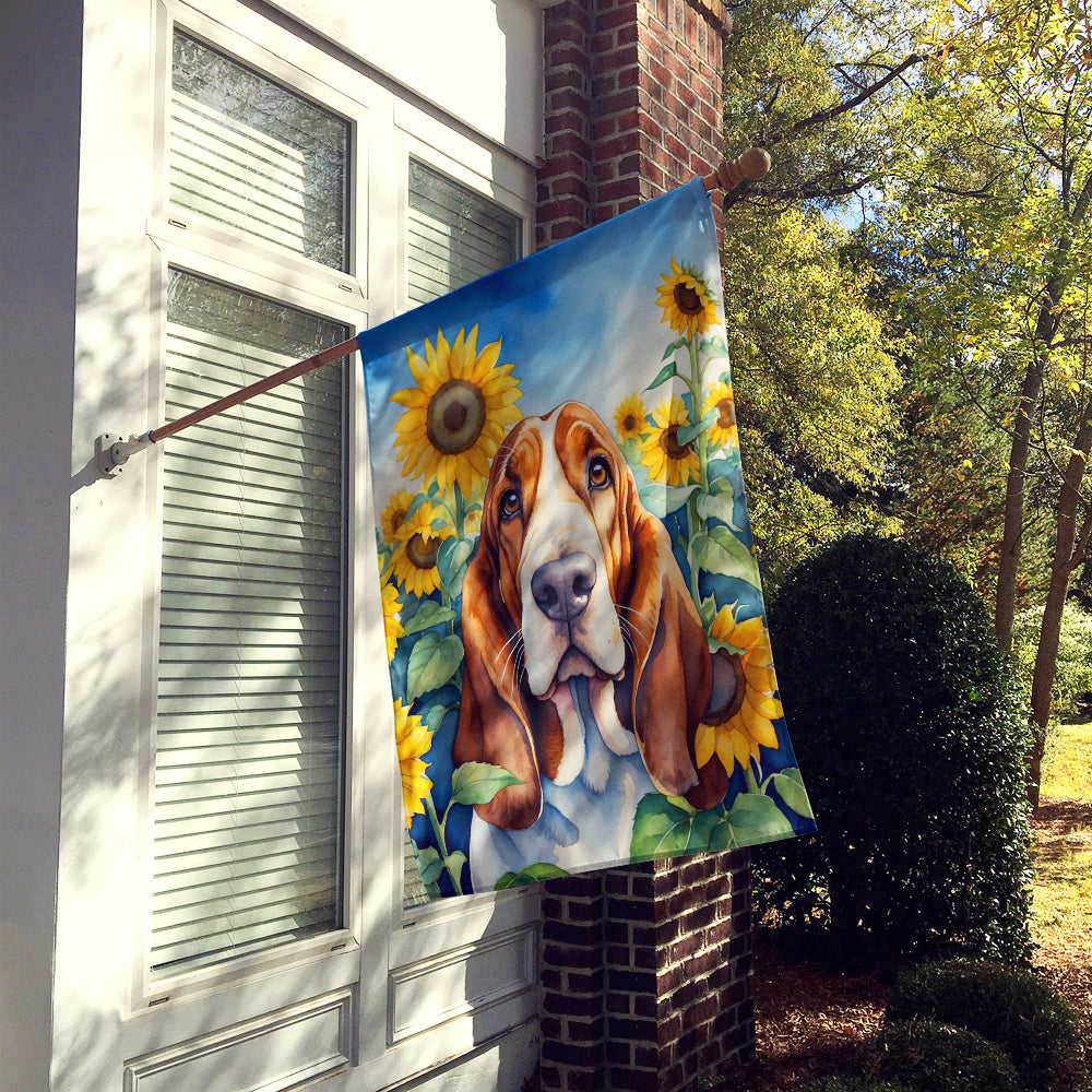 Basset Hound in Sunflowers House Flag Image 2