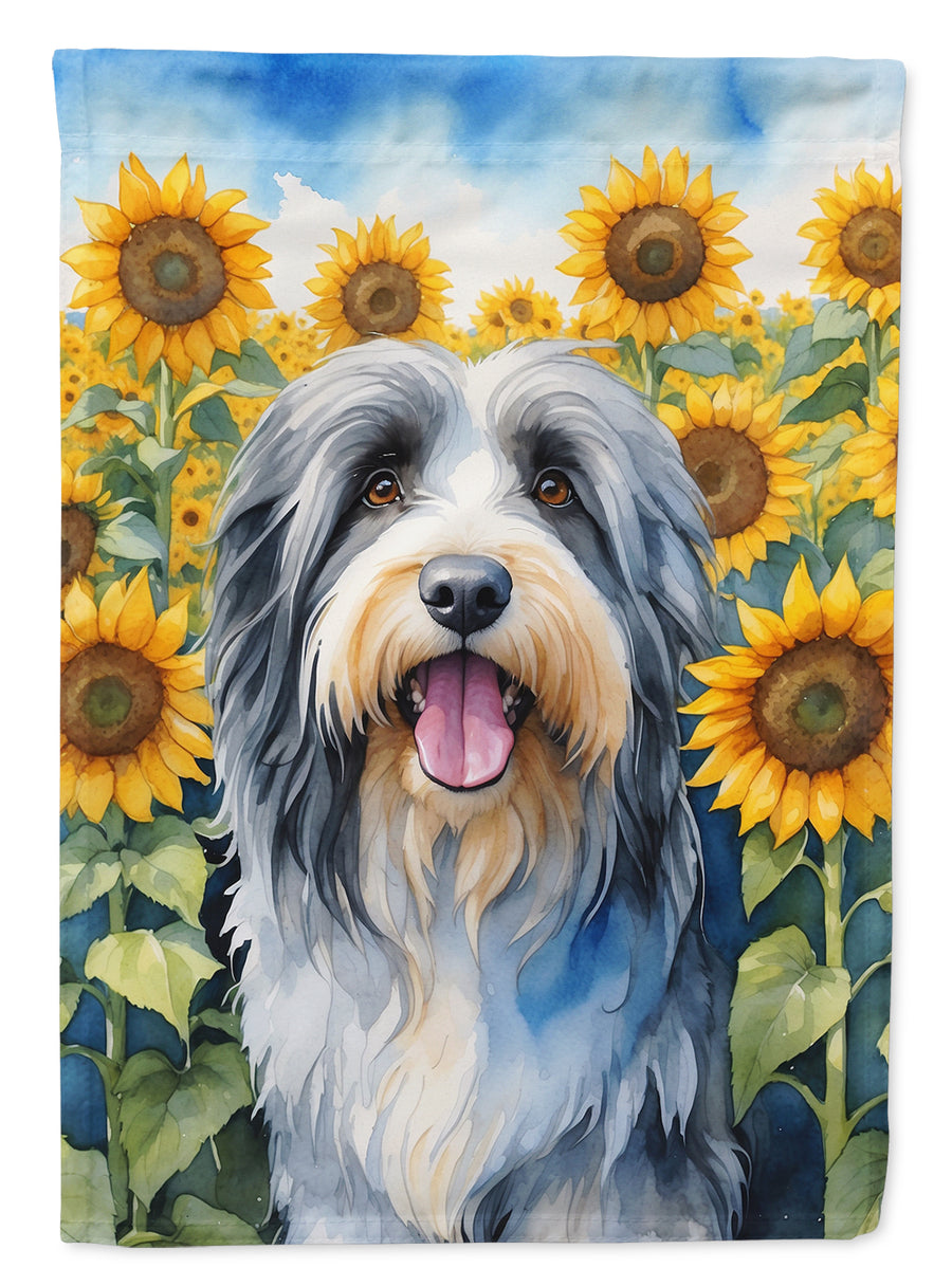 Bearded Collie in Sunflowers House Flag Image 1