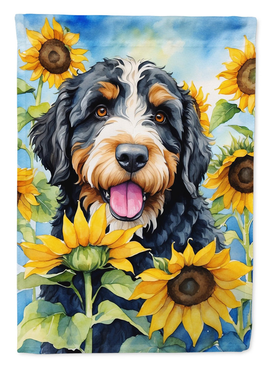 Bernedoodle in Sunflowers House Flag Image 1