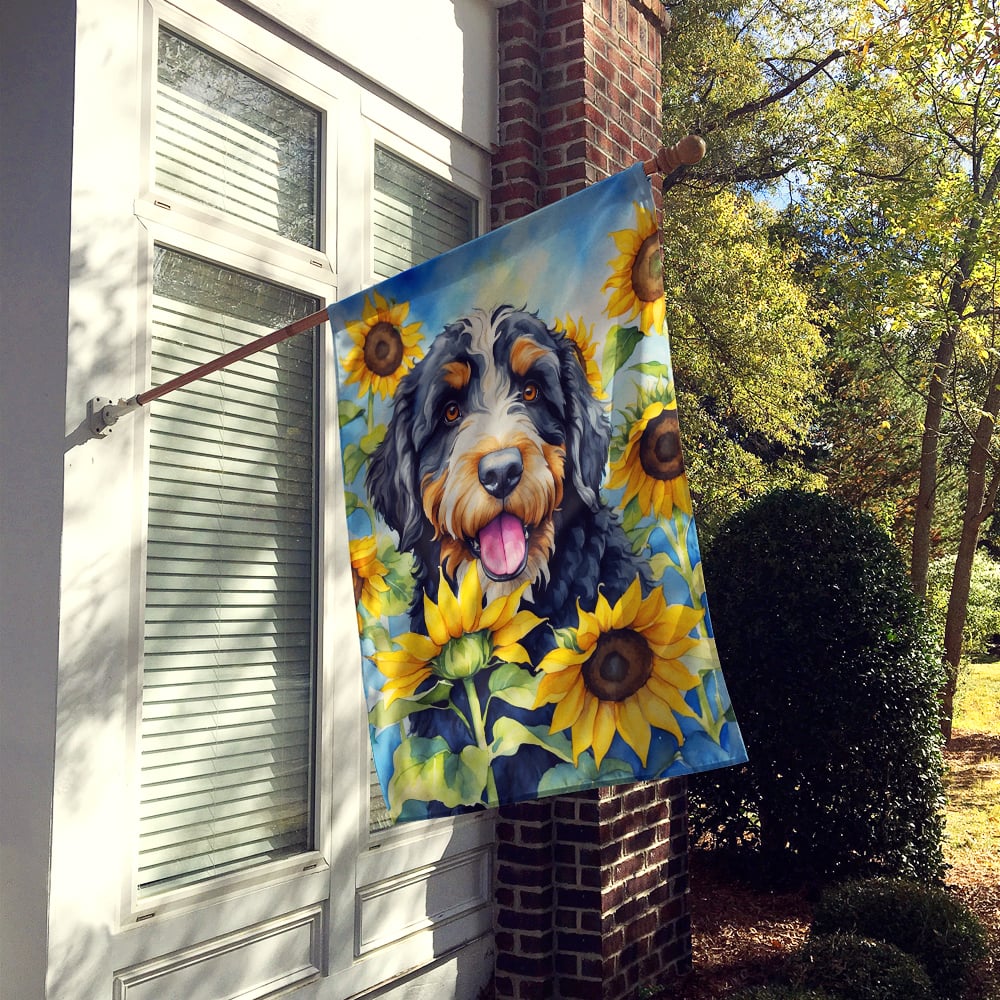 Bernedoodle in Sunflowers House Flag Image 2