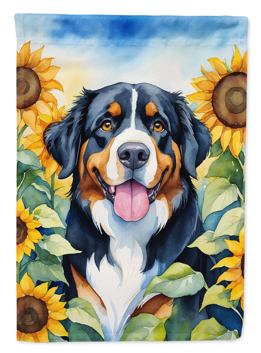 Bernese Mountain Dog in Sunflowers House Flag Image 1