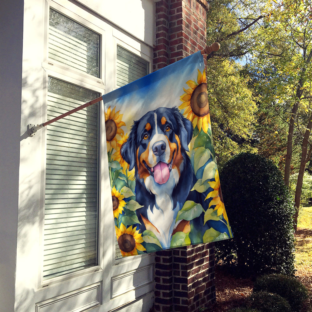Bernese Mountain Dog in Sunflowers House Flag Image 2