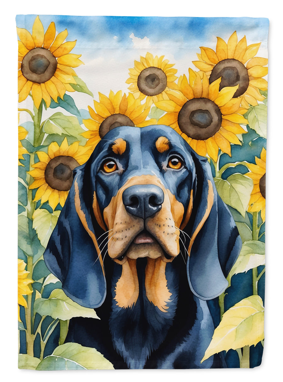 Black and Tan Coonhound in Sunflowers House Flag Image 1