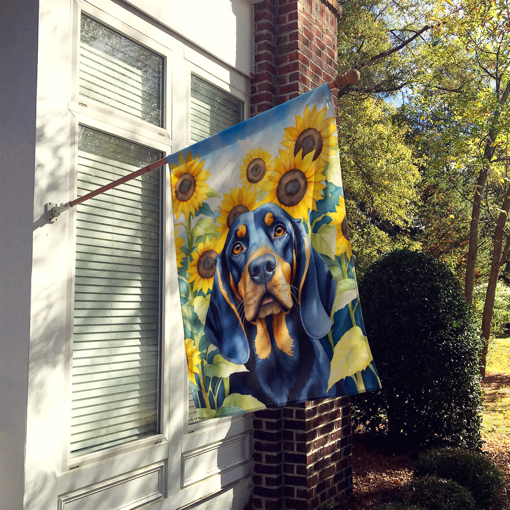 Black and Tan Coonhound in Sunflowers House Flag Image 2