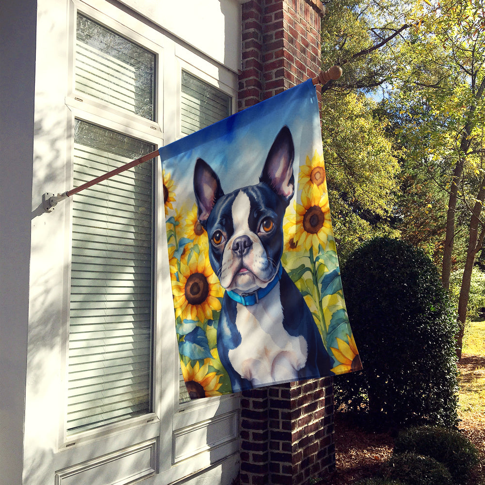 Boston Terrier in Sunflowers House Flag Image 2