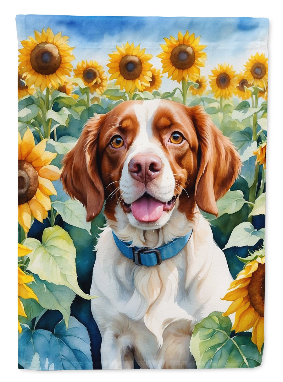 Brittany Spaniel in Sunflowers House Flag Image 1