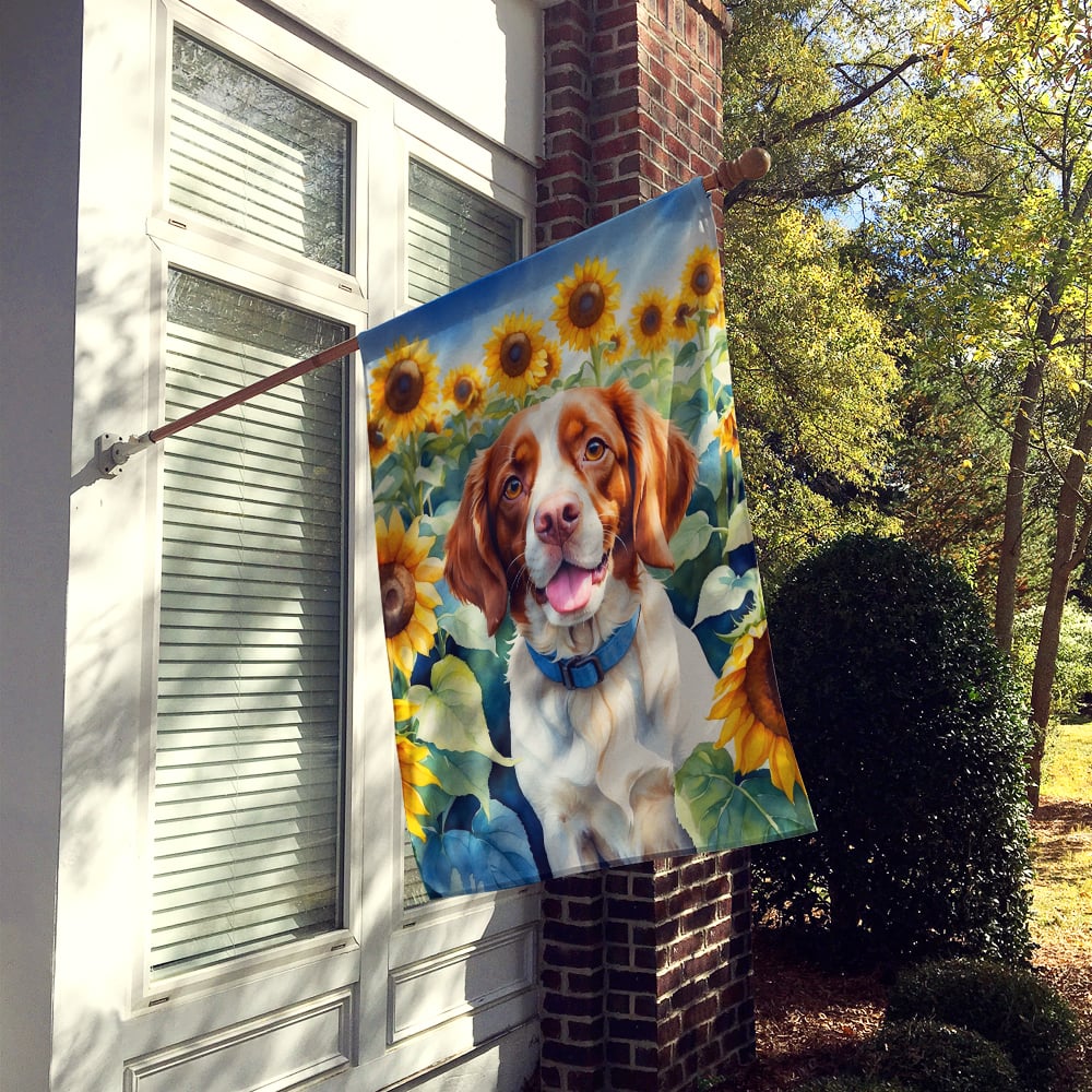 Brittany Spaniel in Sunflowers House Flag Image 2
